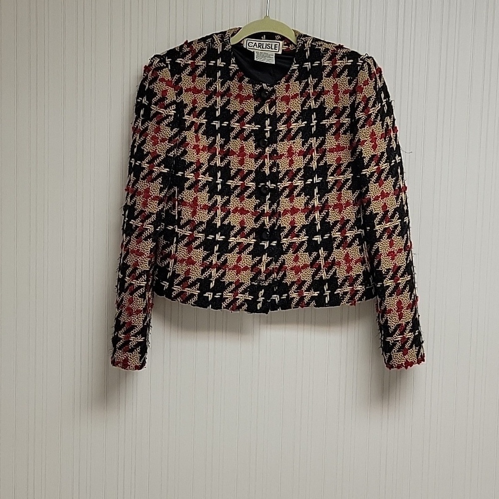 Carlisle herringbone tweed wool blend jacket sz 2 nova plaid old money